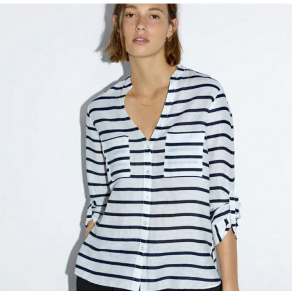 Zara Linen Navy White Stripes Button Roll Sleeves Pockets Blouse Shirt Medium